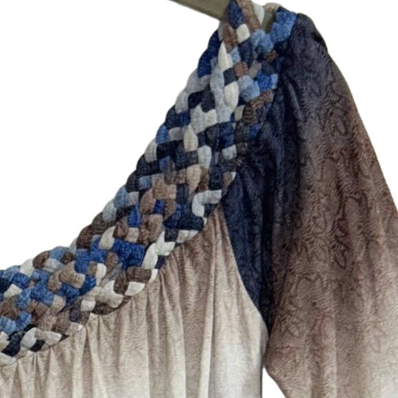 Sky Ombre Braided Neckline Boho Blouse Sky Blue Beige M L Tunic Top Boutique - Picture 3 of 9